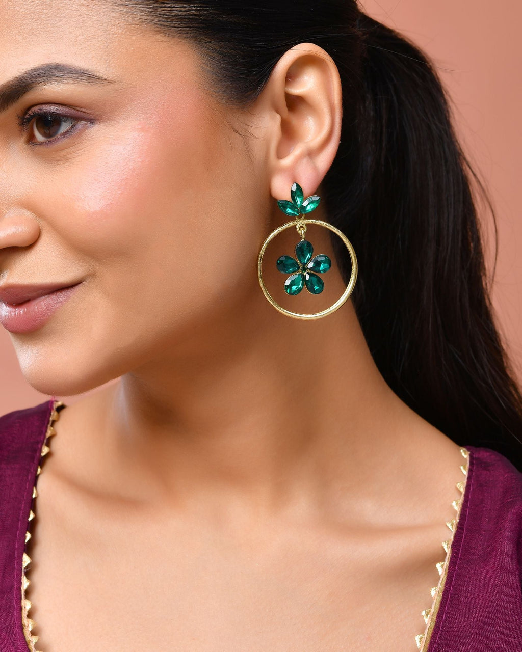Jewels Nest Gold Tone Emerald Green Crystal Floral Hoop Earrings For Women - Distacart