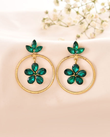 Jewels Nest Gold Tone Emerald Green Crystal Floral Hoop Earrings For Women