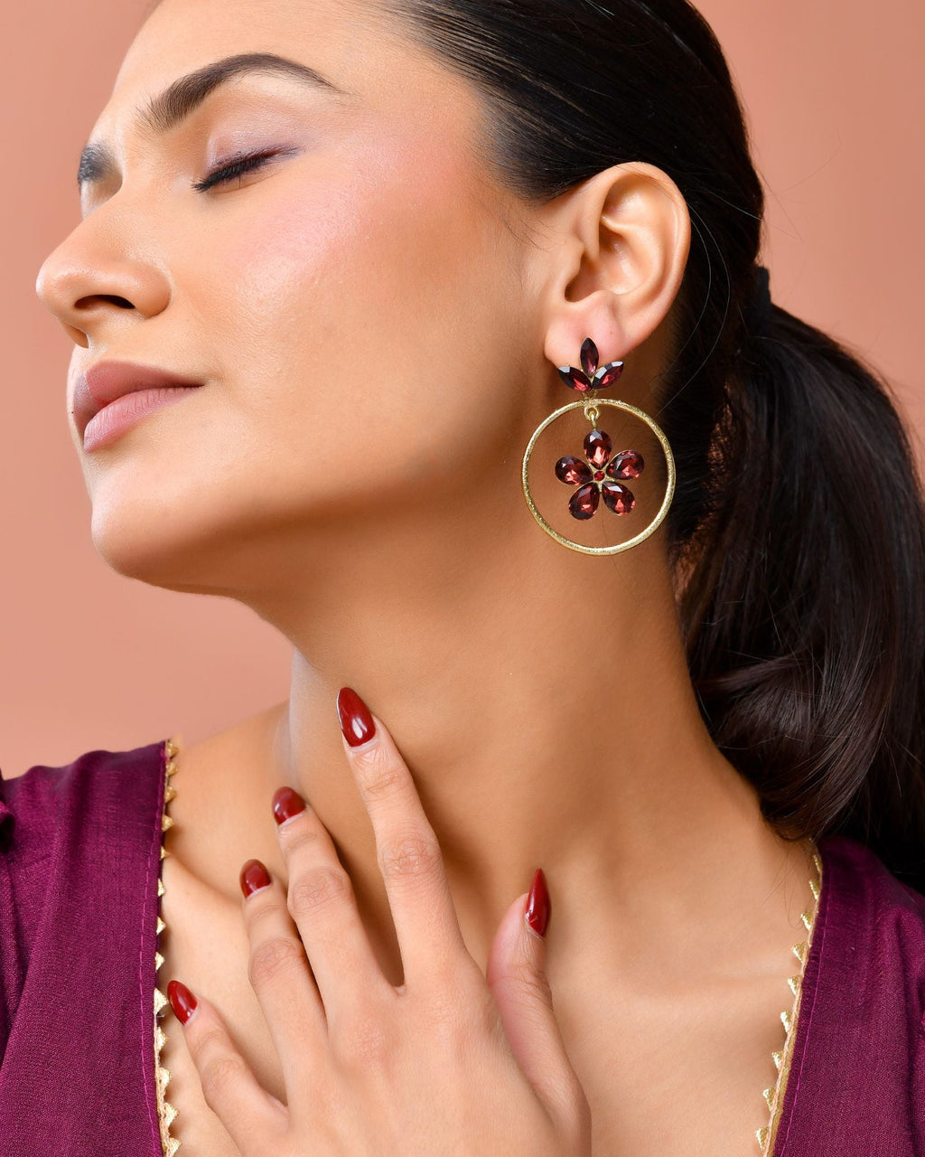 Jewels Nest Gold Tone Dark Maroon Floral Hoop Earrings For Women - Distacart