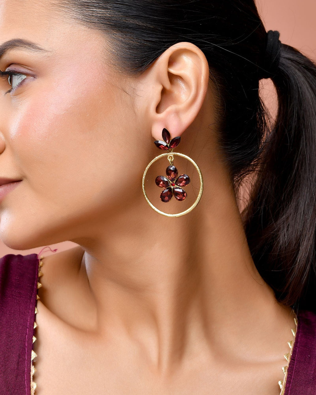 Jewels Nest Gold Tone Dark Maroon Floral Hoop Earrings For Women - Distacart