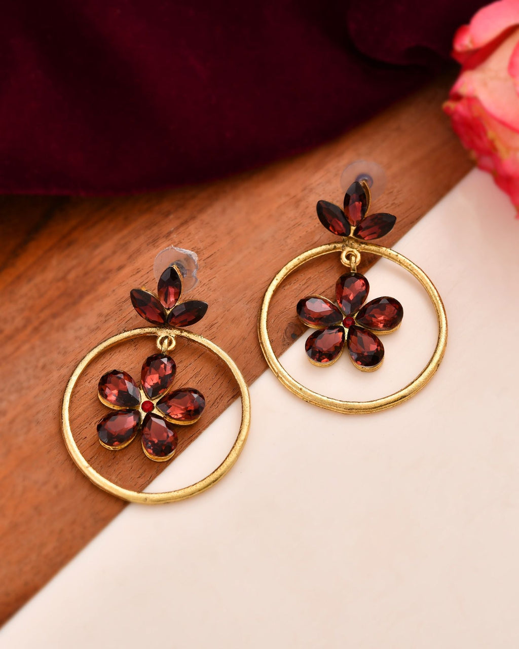 Jewels Nest Gold Tone Dark Maroon Floral Hoop Earrings For Women - Distacart