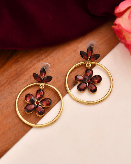 Jewels Nest Gold Tone Dark Maroon Floral Hoop Earrings For Women