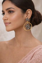Jewels Nest Gold Plated Black Stone Floral Hoop Earrings For Women - Distacart