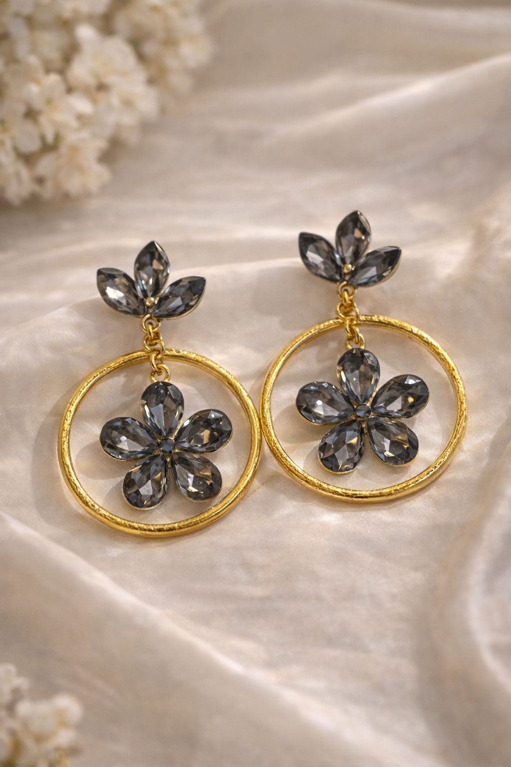 Jewels Nest Gold Plated Black Stone Floral Hoop Earrings For Women - Distacart