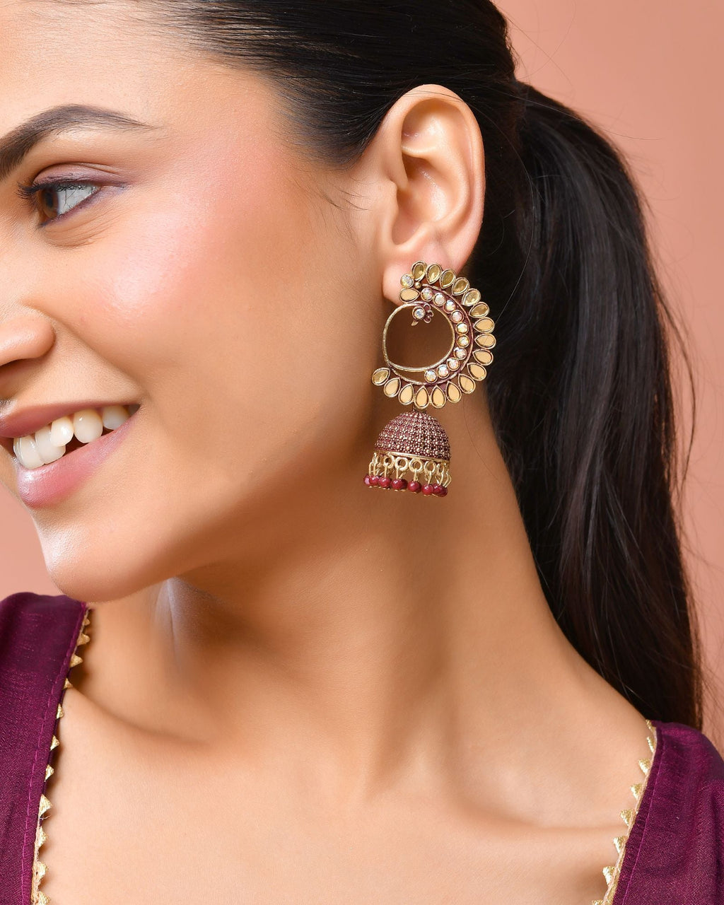 Jewels Nest Gold Plated Kundan Style Jhumka Earrings With Maroon Beads For Women - Distacart