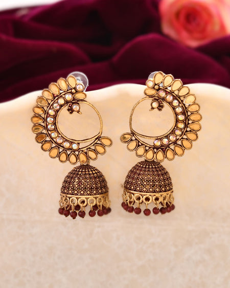 Jewels Nest Gold Plated Kundan Style Jhumka Earrings With Maroon Beads For Women