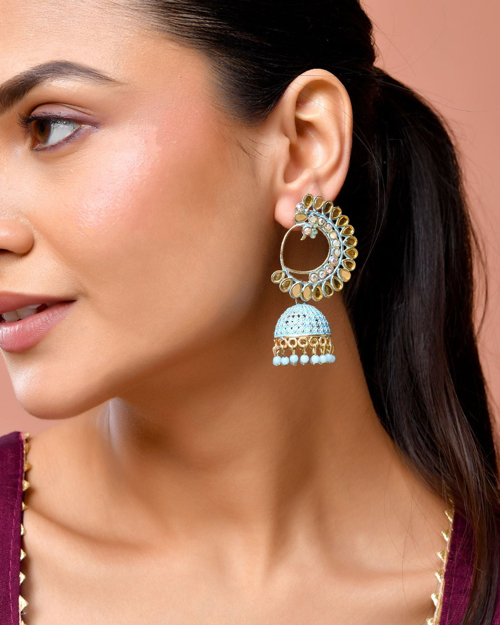 Jewels Nest Gold Plated Kundan Style Blue Jhumka Earrings With Bead Drops For Women - Distacart