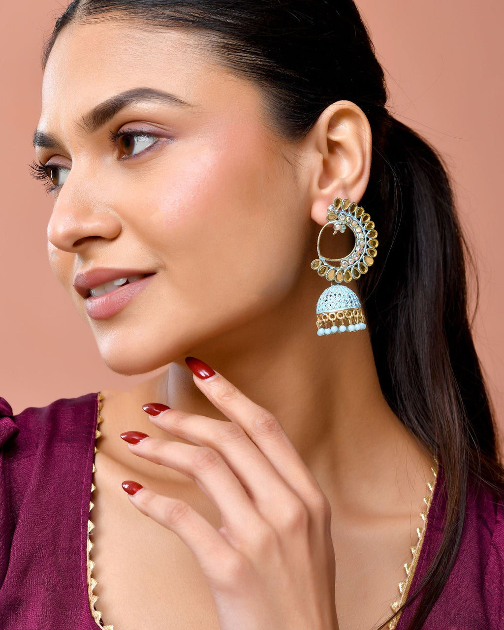 Jewels Nest Gold Plated Kundan Style Blue Jhumka Earrings With Bead Drops For Women - Distacart