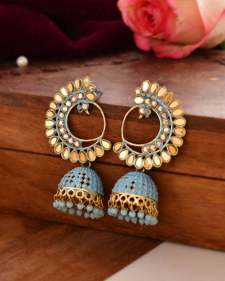 Jewels Nest Gold Plated Kundan Style Blue Jhumka Earrings With Bead Drops For Women