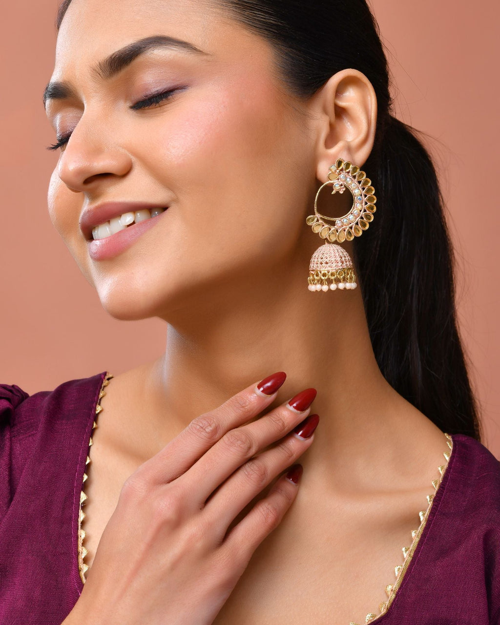 Jewels Nest Gold Plated Kundan Style Pink Jhumka Earrings With Pearl Bead Drops For Women - Distacart