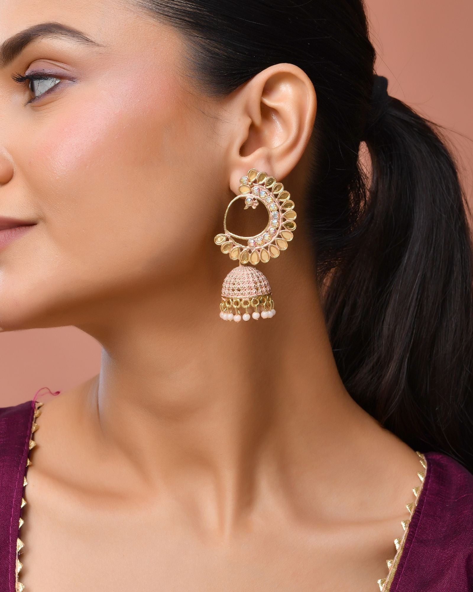 Jewels Nest Gold Plated Kundan Style Pink Jhumka Earrings With Pearl Bead Drops For Women - Distacart
