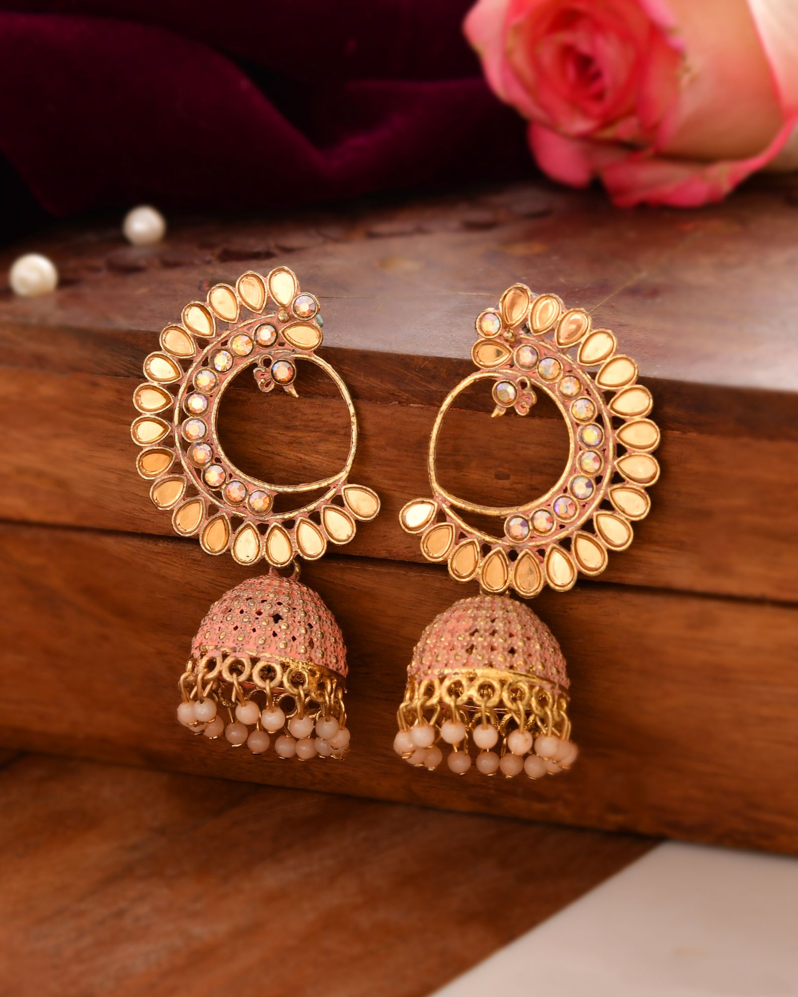Jewels Nest Gold Plated Kundan Style Pink Jhumka Earrings With Pearl Bead Drops For Women - Distacart