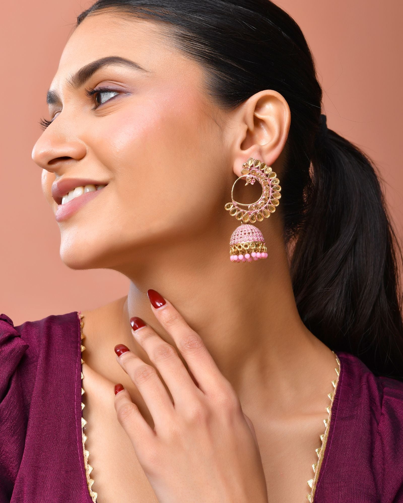 Jewels Nest Gold Plated Kundan Style Light Pink Jhumka Earrings With Bead Drops For Women - Distacart