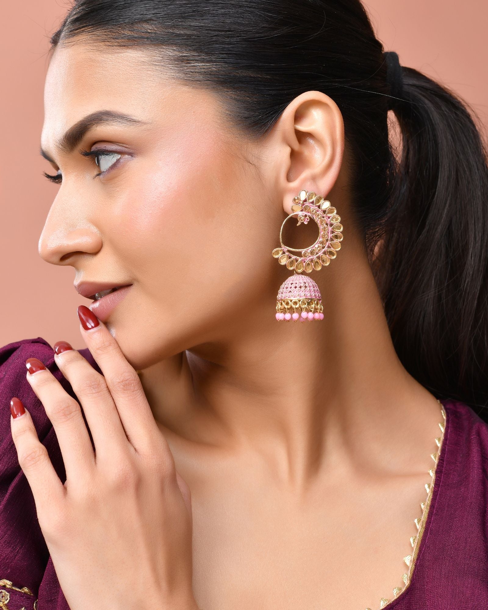 Jewels Nest Gold Plated Kundan Style Light Pink Jhumka Earrings With Bead Drops For Women - Distacart