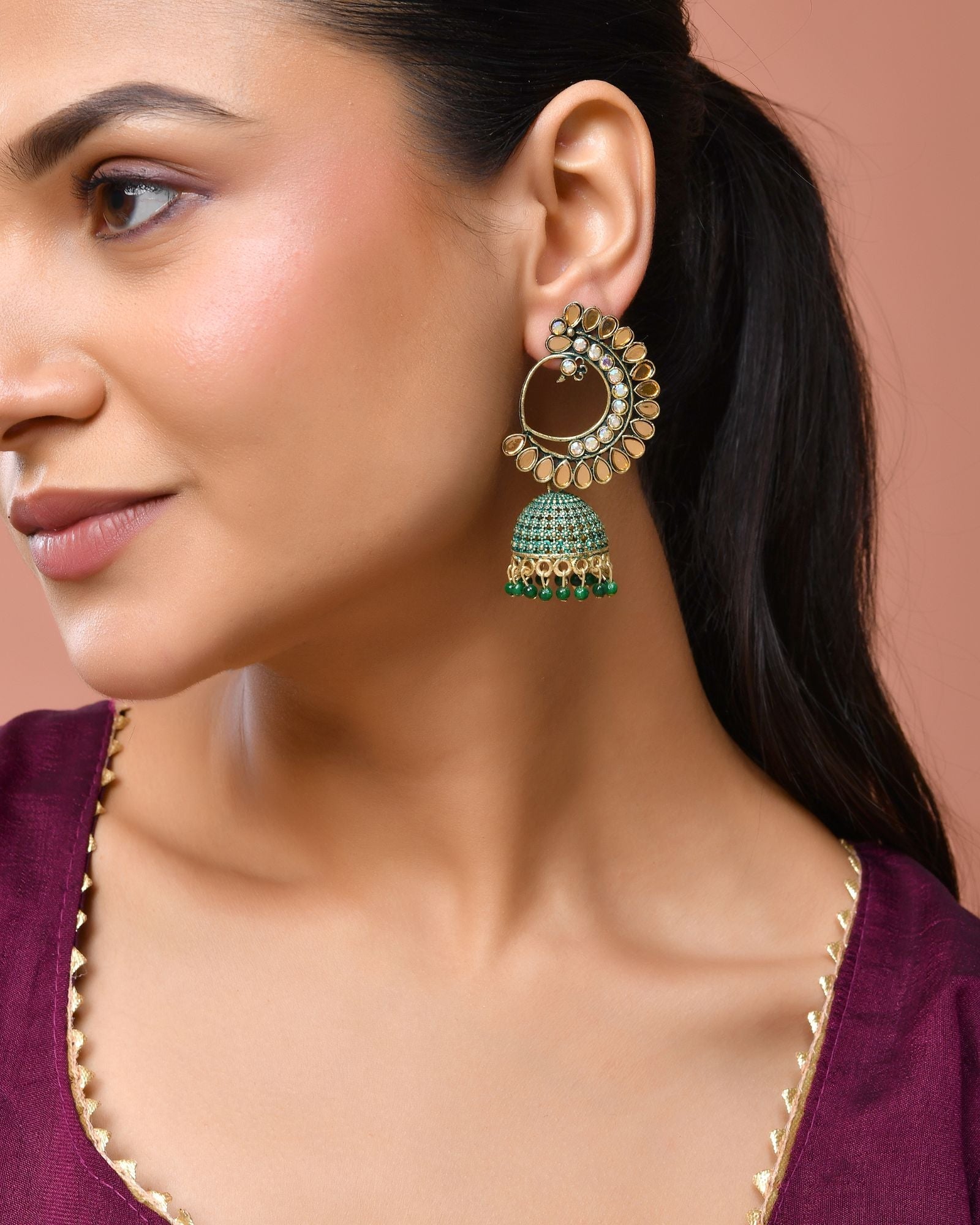 Jewels Nest Gold Plated Kundan Style Green Jhumka Earrings With Bead Drops For Women - Distacart