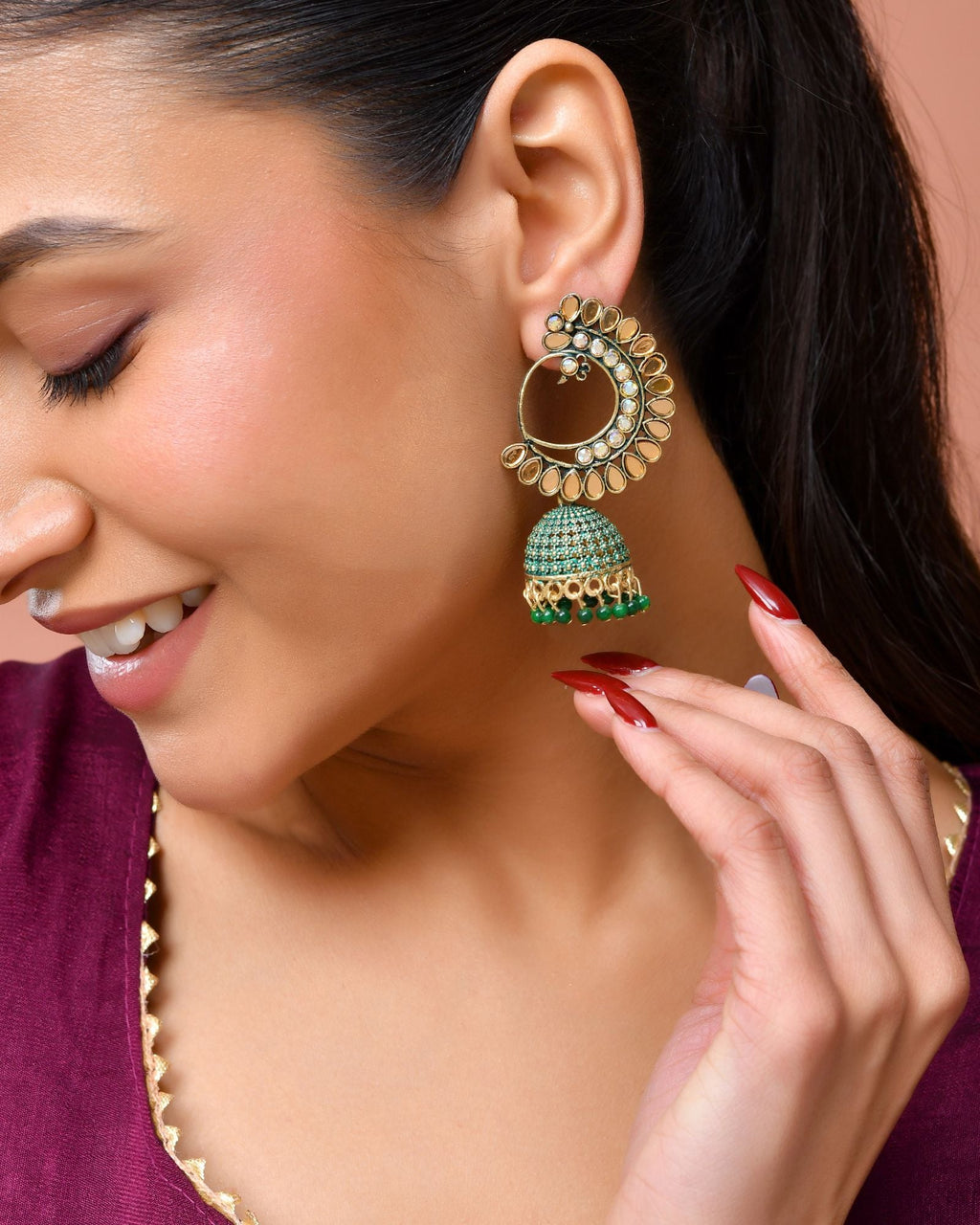 Jewels Nest Gold Plated Kundan Style Green Jhumka Earrings With Bead Drops For Women - Distacart