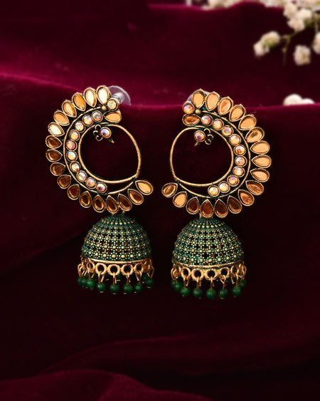 Jewels Nest Gold Plated Kundan Style Green Jhumka Earrings With Bead Drops For Women