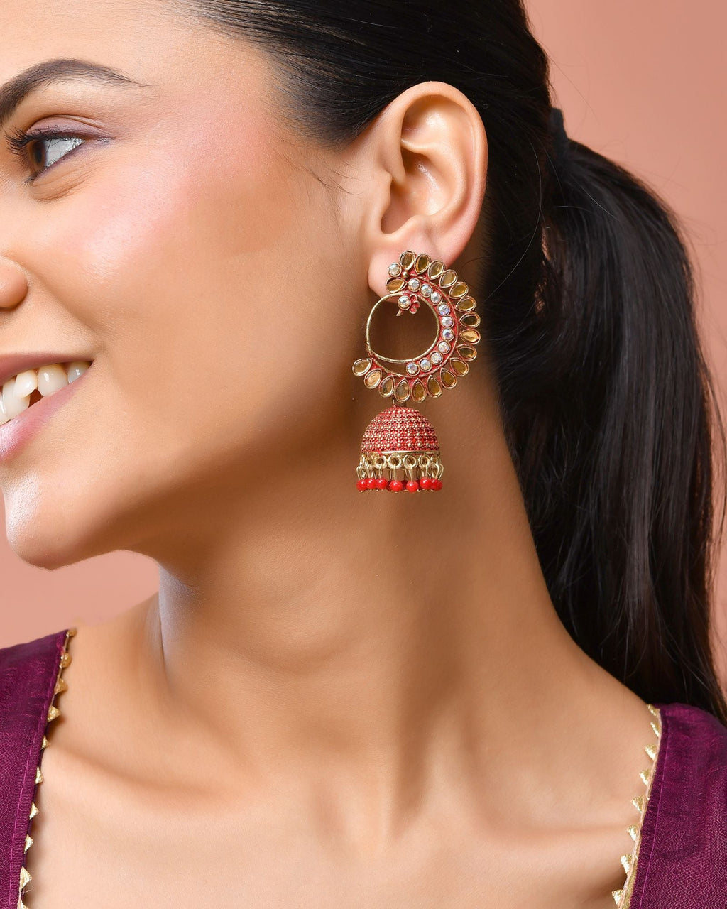 Jewels Nest Gold Plated Kundan Style Red Beaded Jhumka Earrings For Women - Distacart