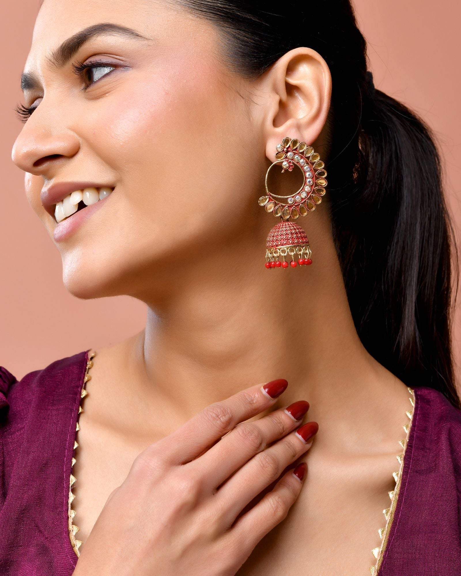 Jewels Nest Gold Plated Kundan Style Red Beaded Jhumka Earrings For Women - Distacart