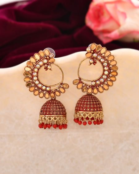 Jewels Nest Gold Plated Kundan Style Red Beaded Jhumka Earrings For Women