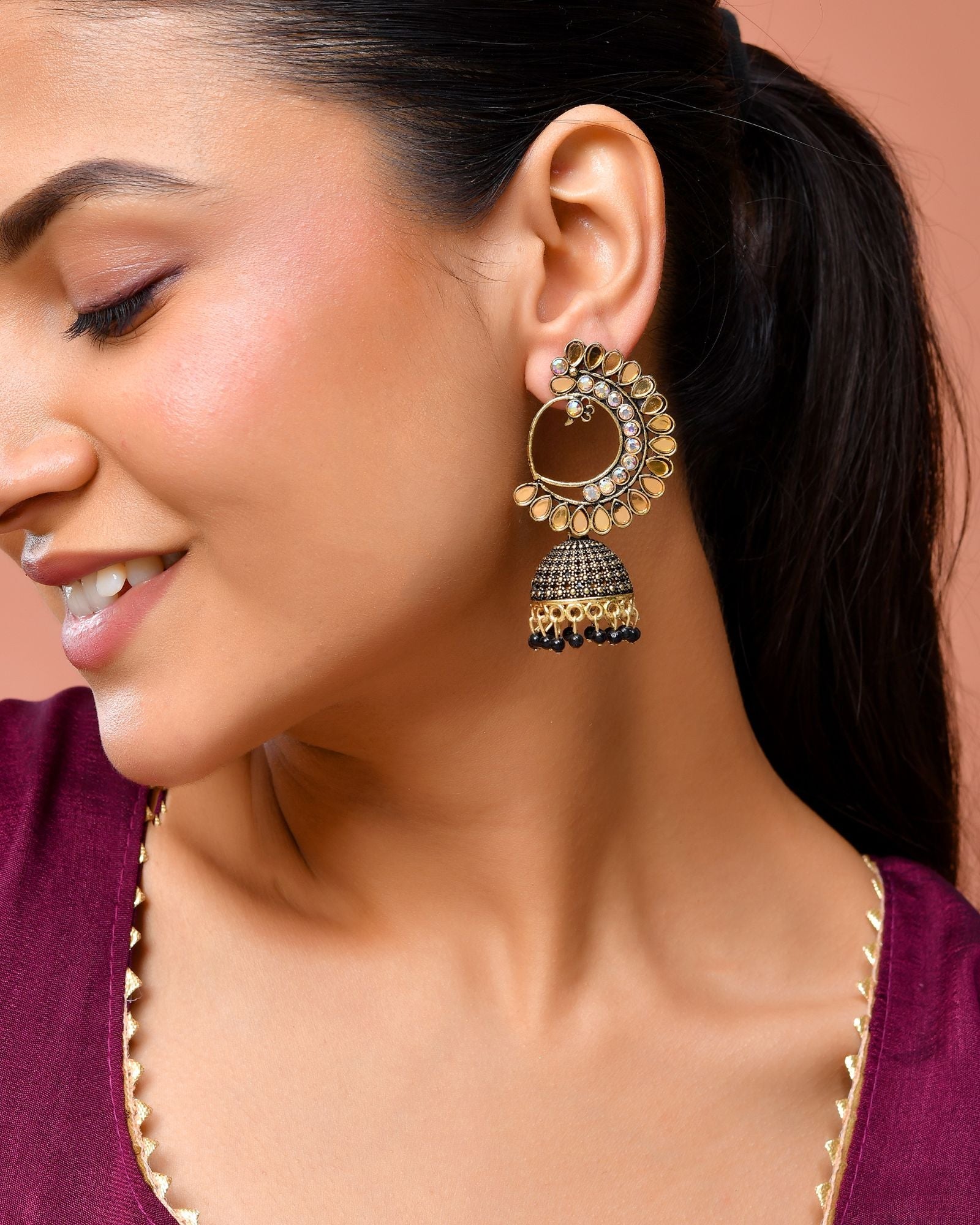 Jewels Nest Gold Plated Kundan Style Black Beaded Jhumka Earrings For Women - Distacart