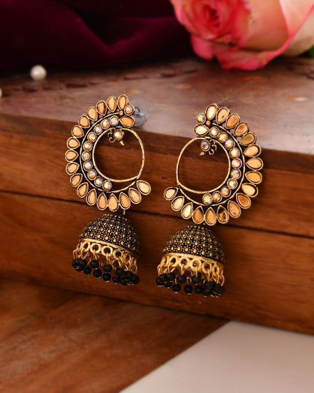 Jewels Nest Gold Plated Kundan Style Black Beaded Jhumka Earrings For Women
