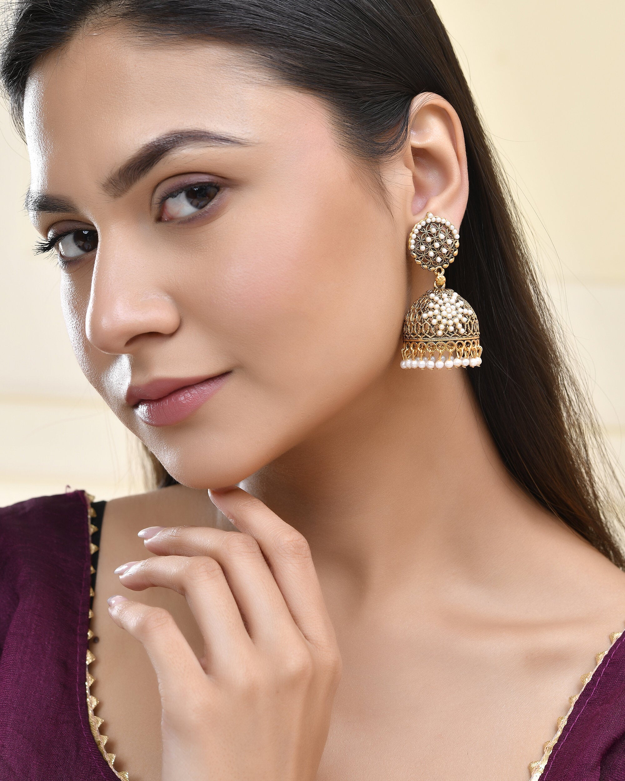 Jewels Nest Gold-Polished Pearl Jhumka Earrings – Traditional Ethnic Design - Distacart