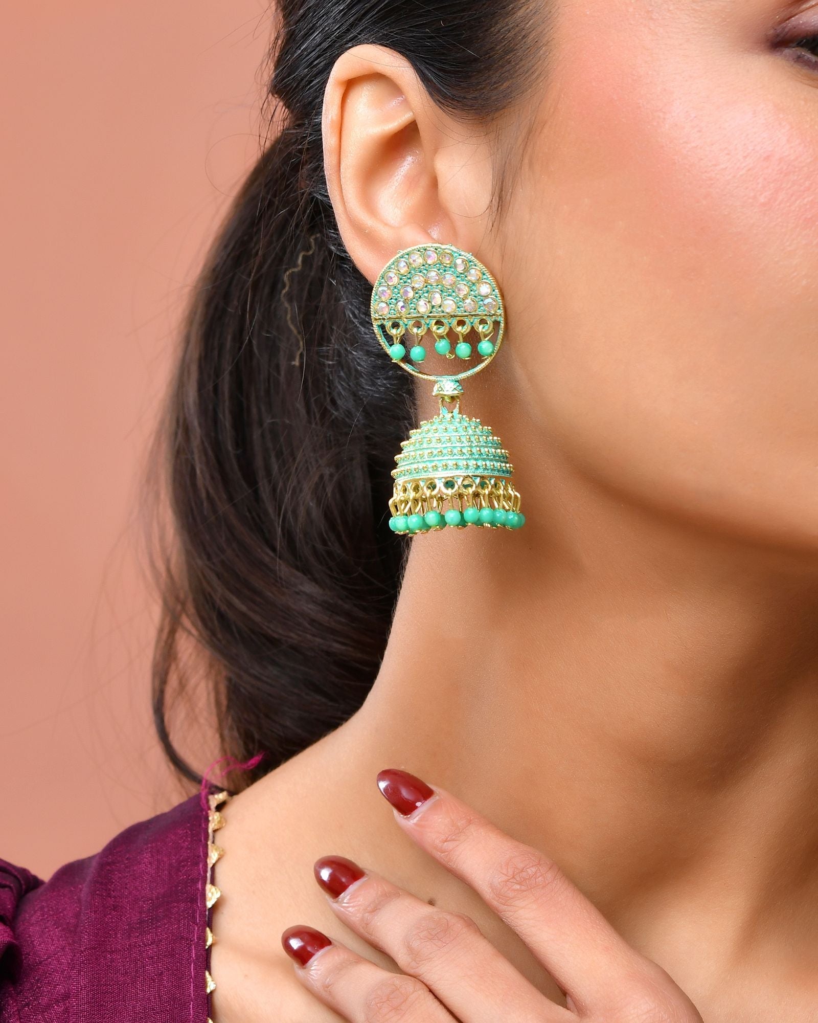 Jewels Nest Gold Plated Kundan Green Dome Jhumka Earrings With Beads For Women - Distacart