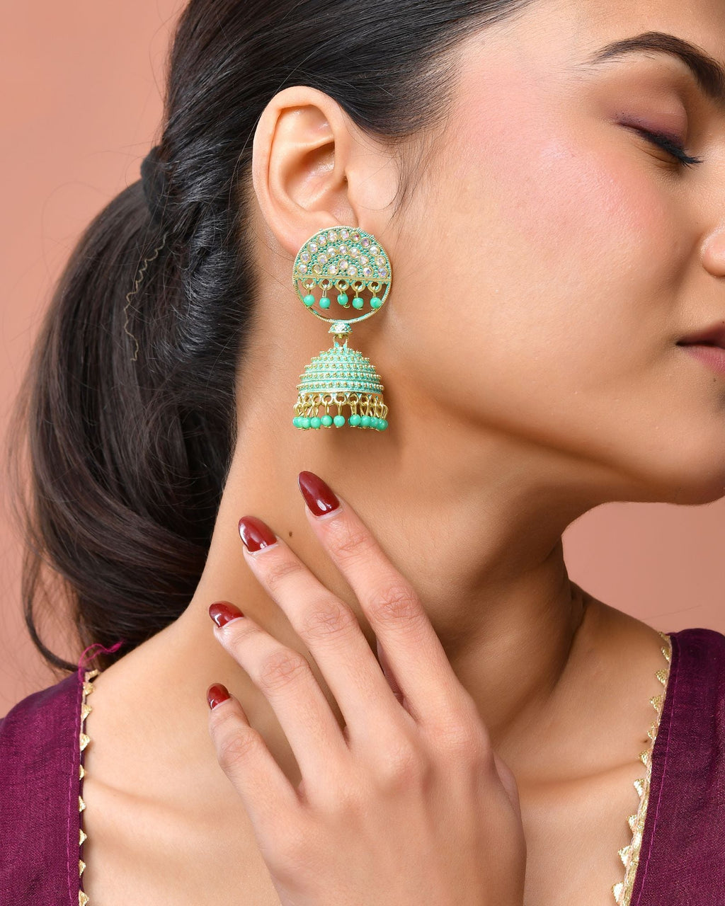 Jewels Nest Gold Plated Kundan Green Dome Jhumka Earrings With Beads For Women - Distacart