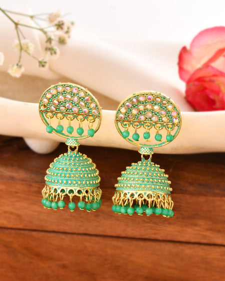 Jewels Nest Gold Plated Kundan Green Dome Jhumka Earrings With Beads For Women