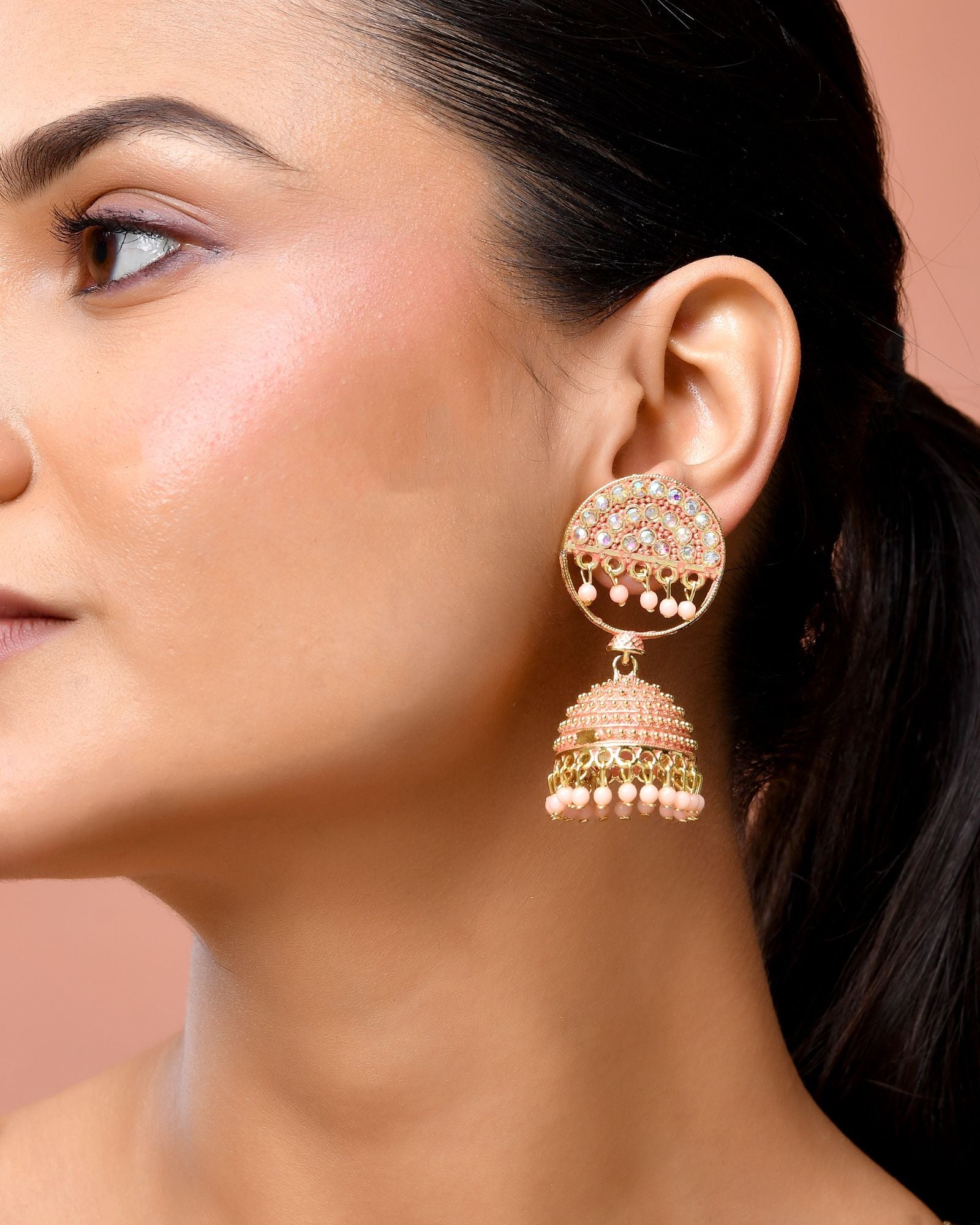 Jewels Nest Gold Plated Kundan Peach Dome Jhumka Earrings With Beads For Women - Distacart