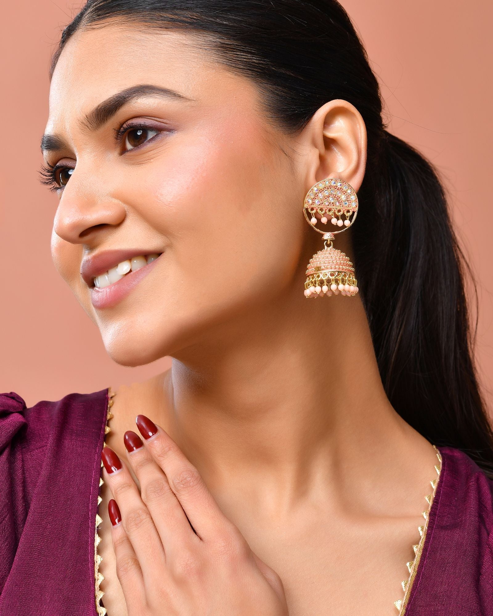 Jewels Nest Gold Plated Kundan Peach Dome Jhumka Earrings With Beads For Women - Distacart