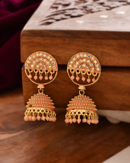 Jewels Nest Gold Plated Kundan Peach Dome Jhumka Earrings With Beads For Women