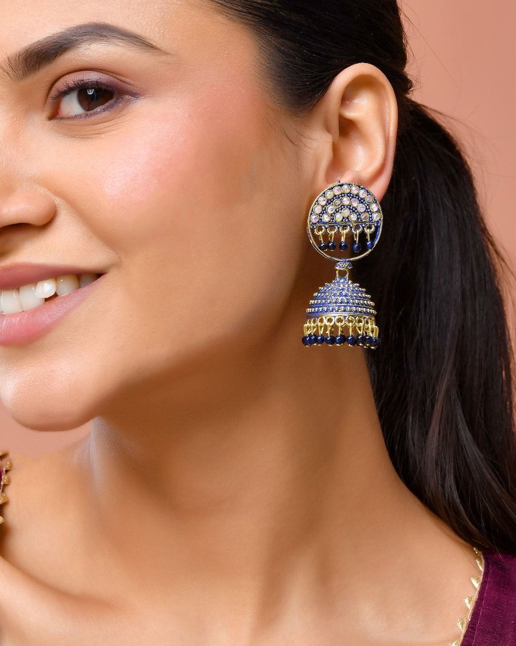 Jewels Nest Gold Plated Kundan Dark Blue Dome Jhumka Earrings With Beads For Women - Distacart