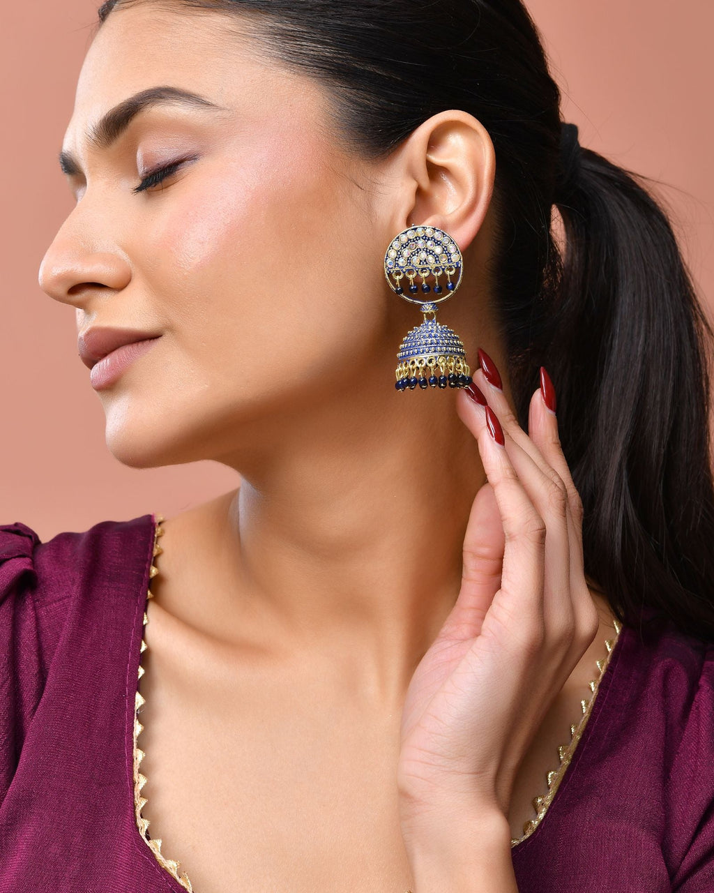 Jewels Nest Gold Plated Kundan Dark Blue Dome Jhumka Earrings With Beads For Women - Distacart