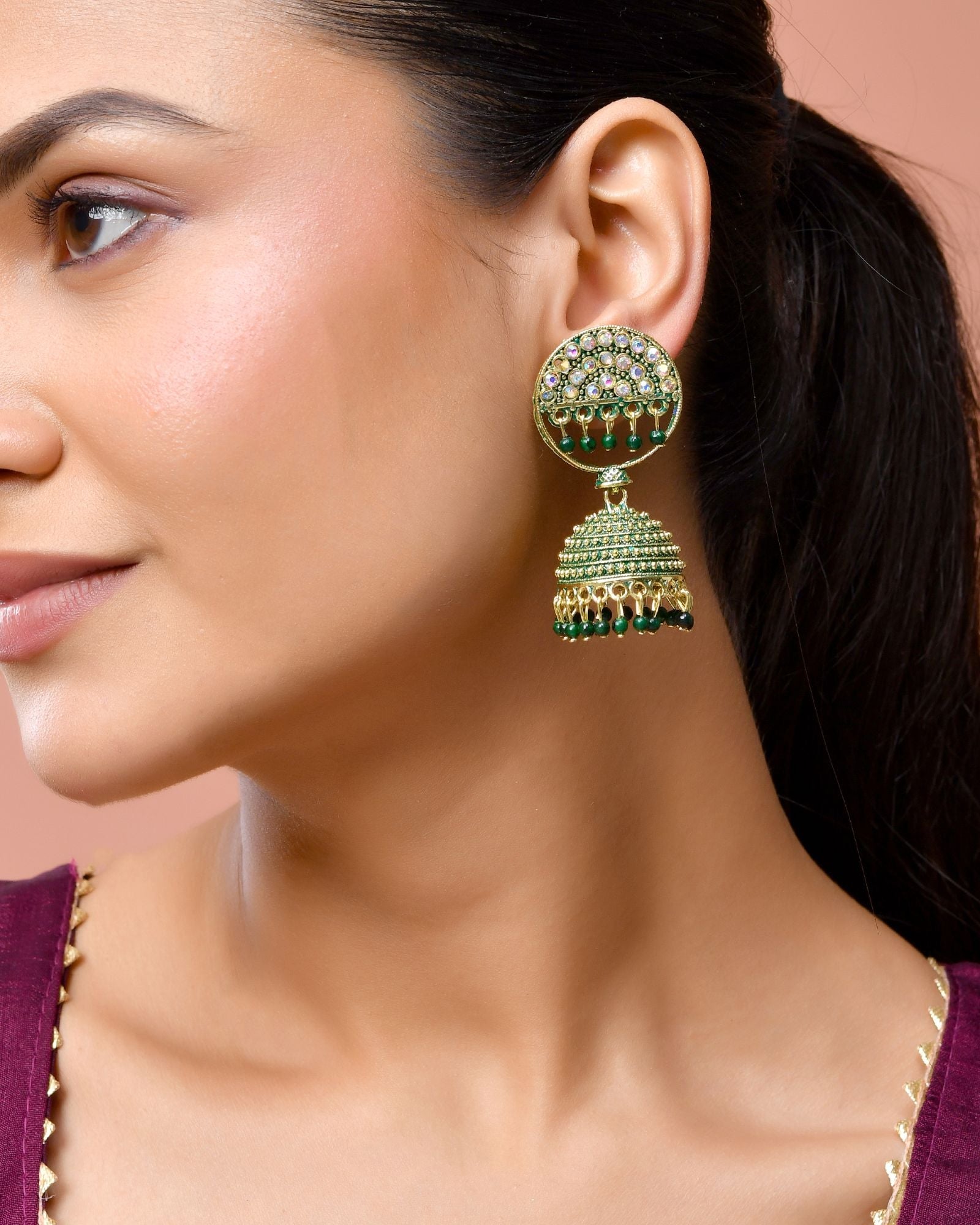 Jewels Nest Gold Plated Kundan Green Dome Jhumka Earrings With Beads For Women - Distacart