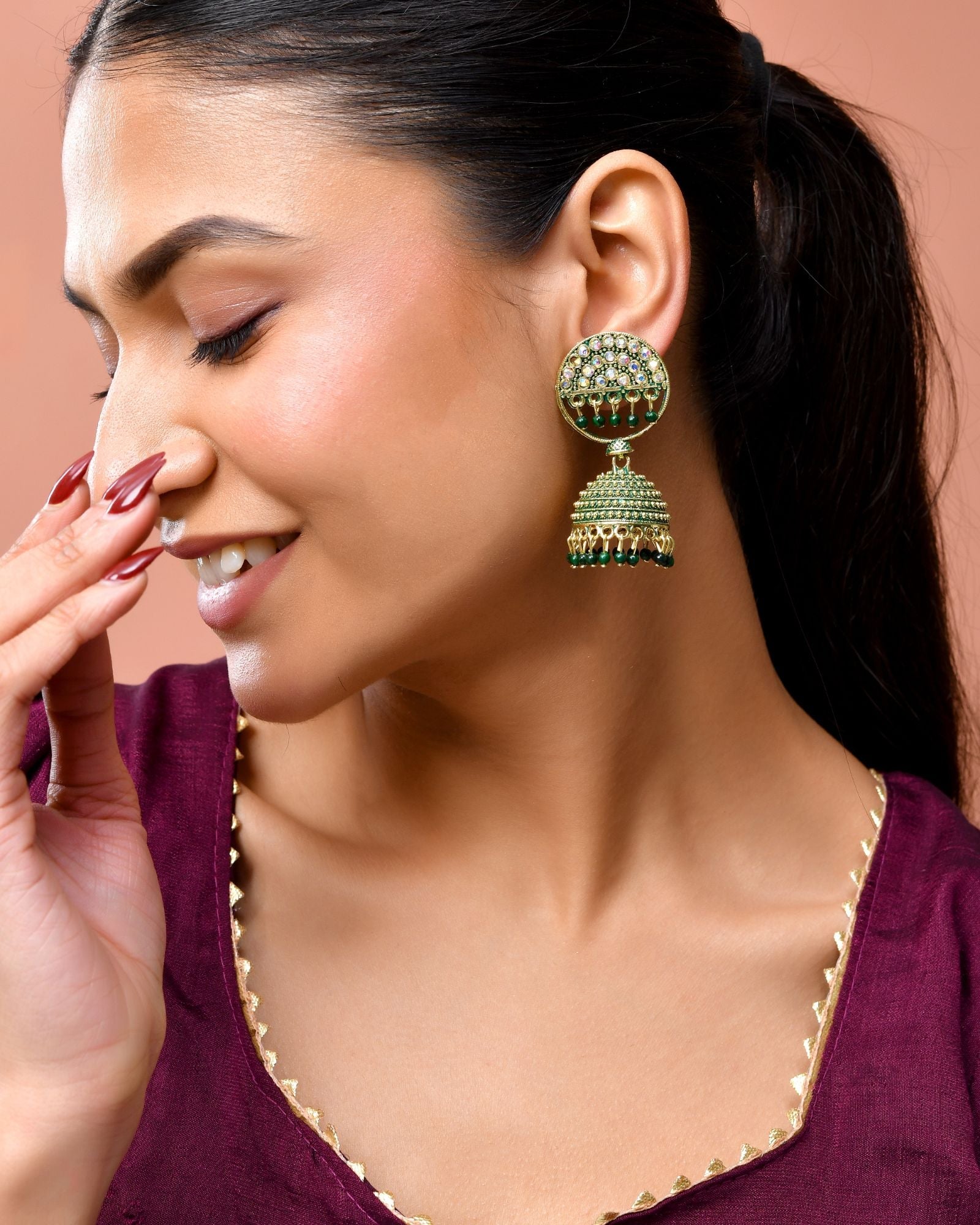 Jewels Nest Gold Plated Kundan Green Dome Jhumka Earrings With Beads For Women - Distacart