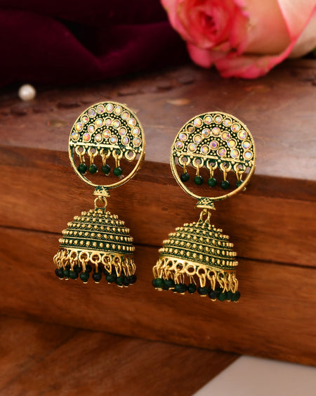 Jewels Nest Gold Plated Kundan Green Dome Jhumka Earrings With Beads For Women