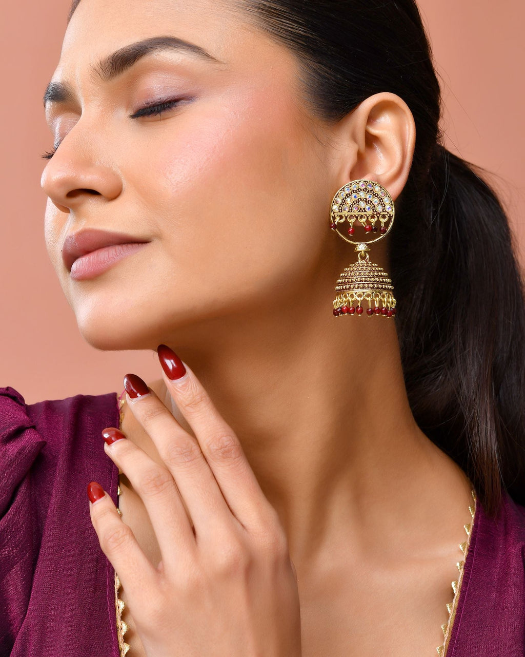 Jewels Nest Gold Plated Kundan Studded Maroon Bead Jhumka Earrings For Women - Distacart