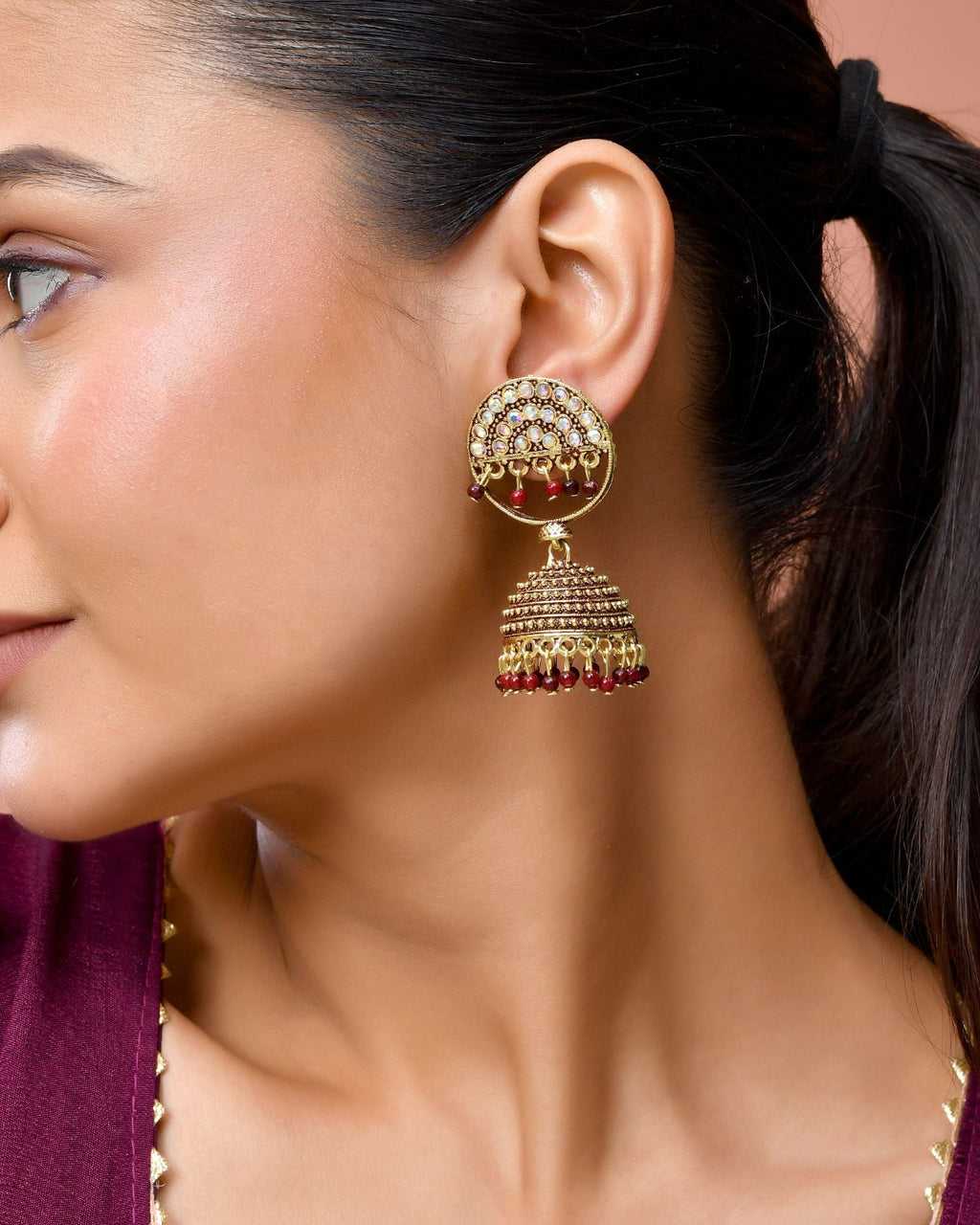Jewels Nest Gold Plated Kundan Studded Maroon Bead Jhumka Earrings For Women - Distacart