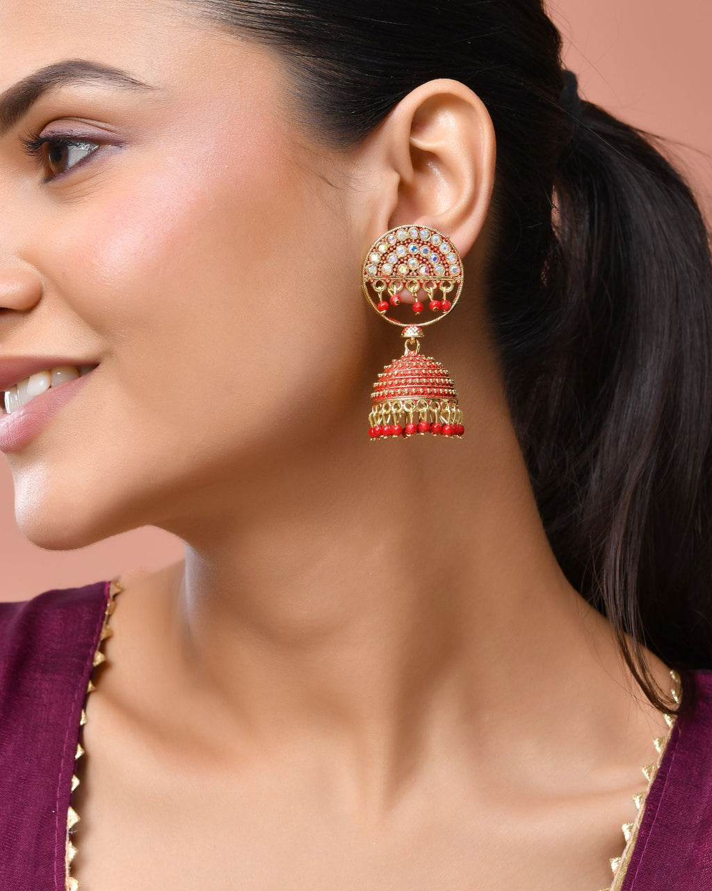 Jewels Nest Gold Plated Kundan Studded Red Bead Jhumka Earrings For Women