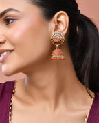 Jewels Nest Gold Plated Kundan Studded Red Bead Jhumka Earrings For Women