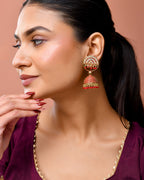 Jewels Nest Gold Plated Kundan Studded Red Bead Jhumka Earrings For Women