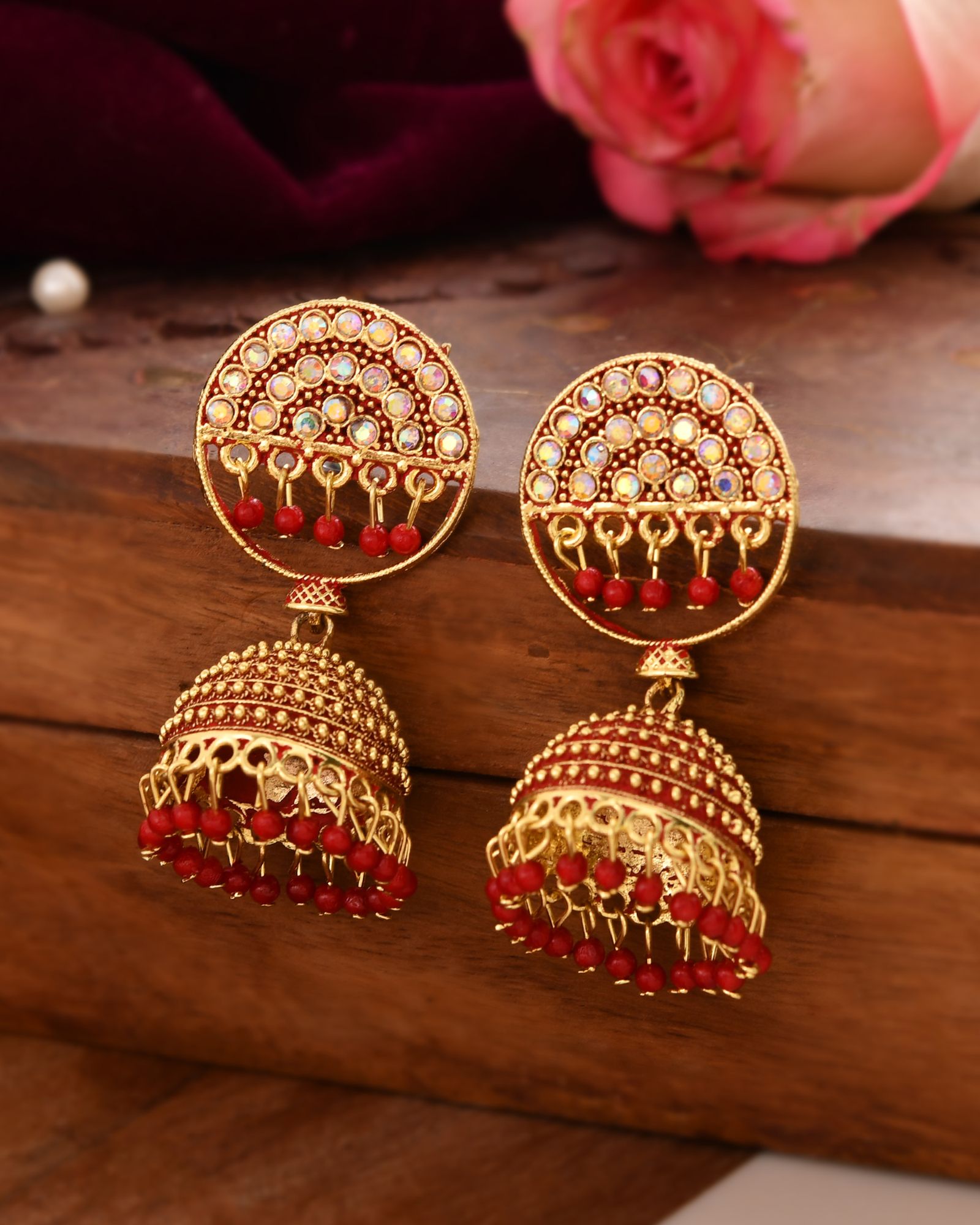 Jewels Nest Gold Plated Kundan Studded Red Bead Jhumka Earrings For Women