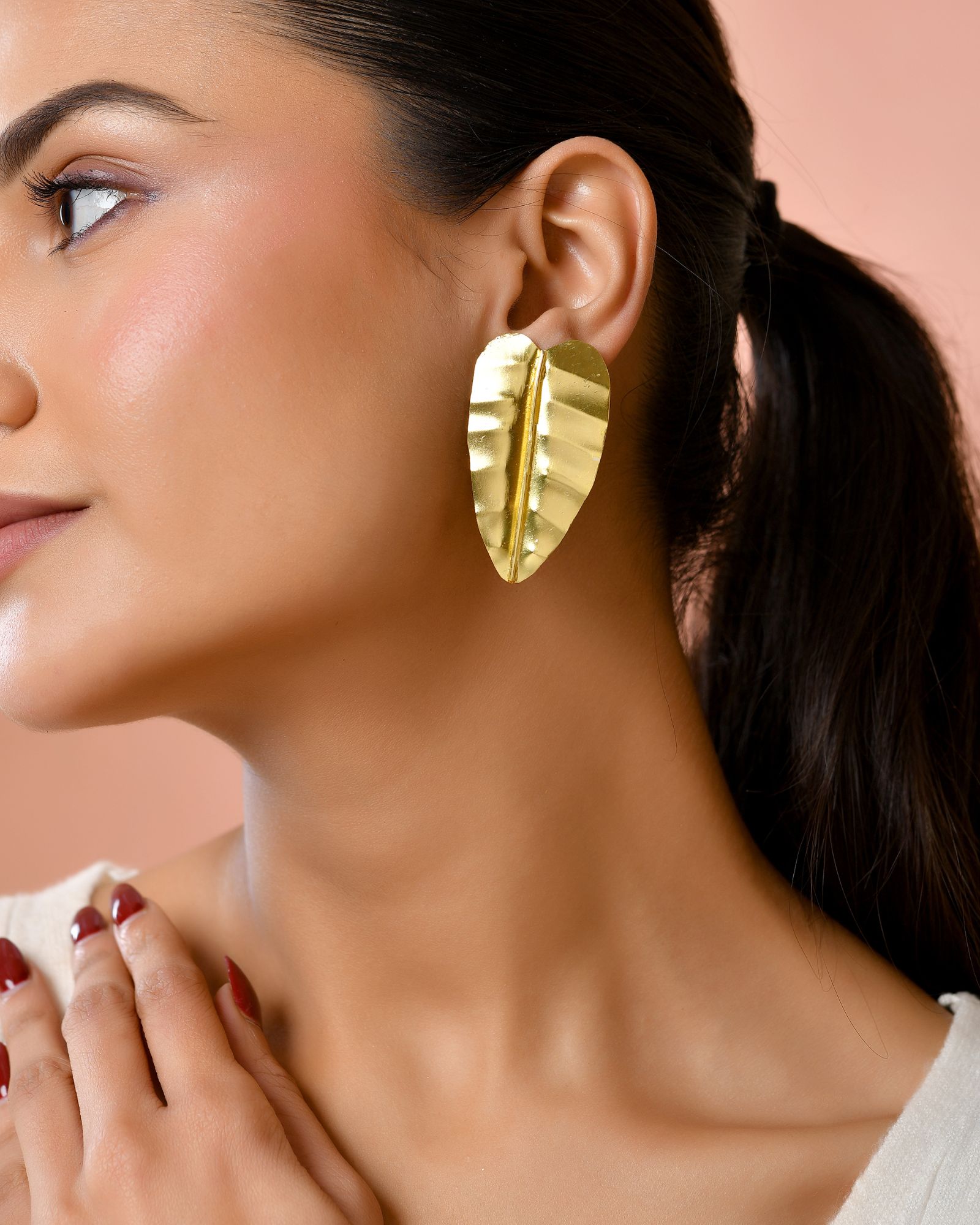Jewels Nest Gold Leaf Textured Statement Stud Earrings For Women - Distacart