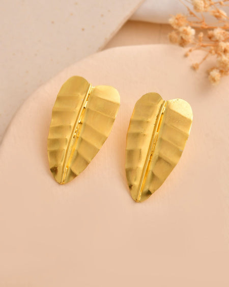 Jewels Nest Gold Leaf Textured Statement Stud Earrings For Women