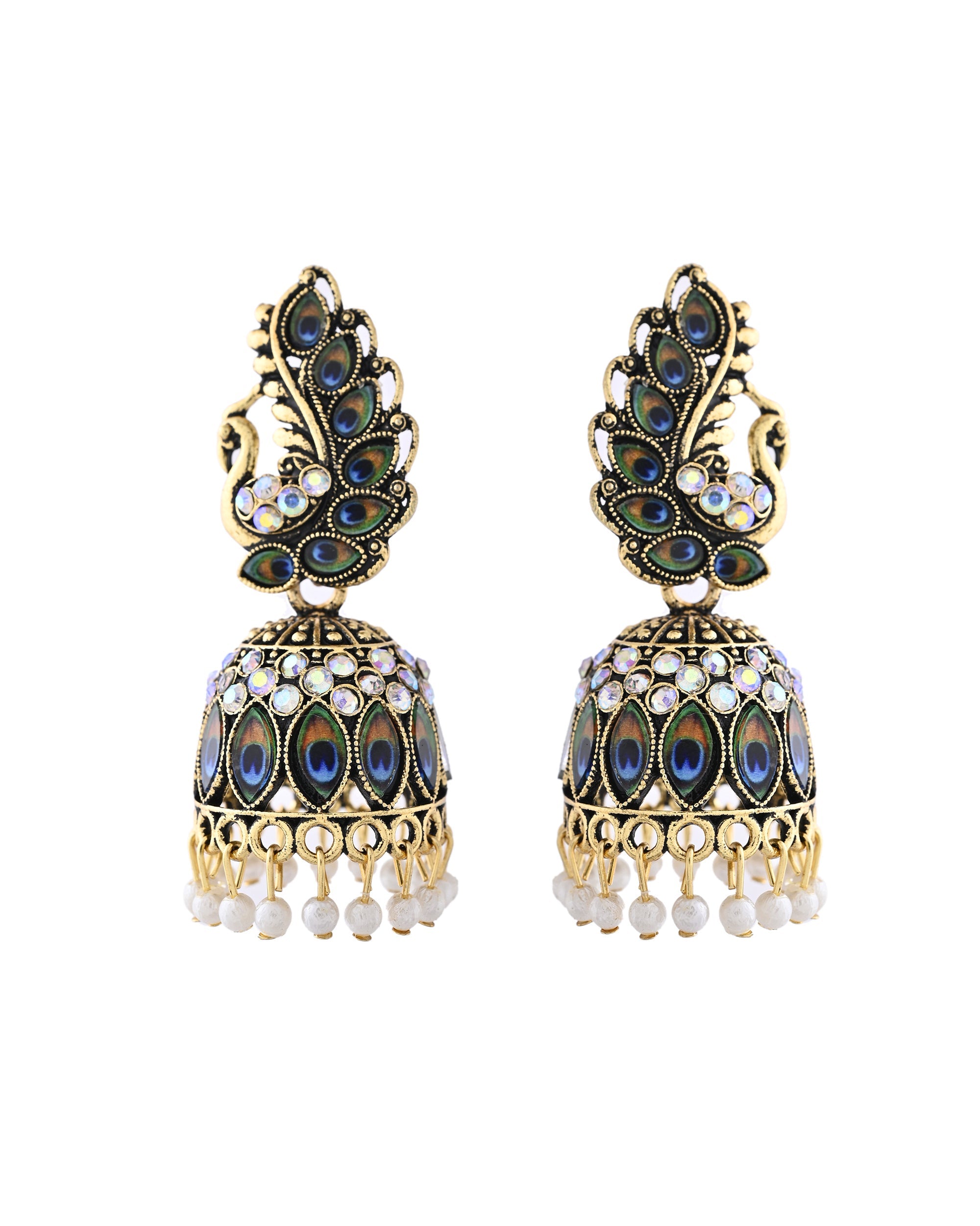 Jewels Nest Peacock-Inspired Gold-Polished Jhumka Earrings with Multicolor Stones - Distacart
