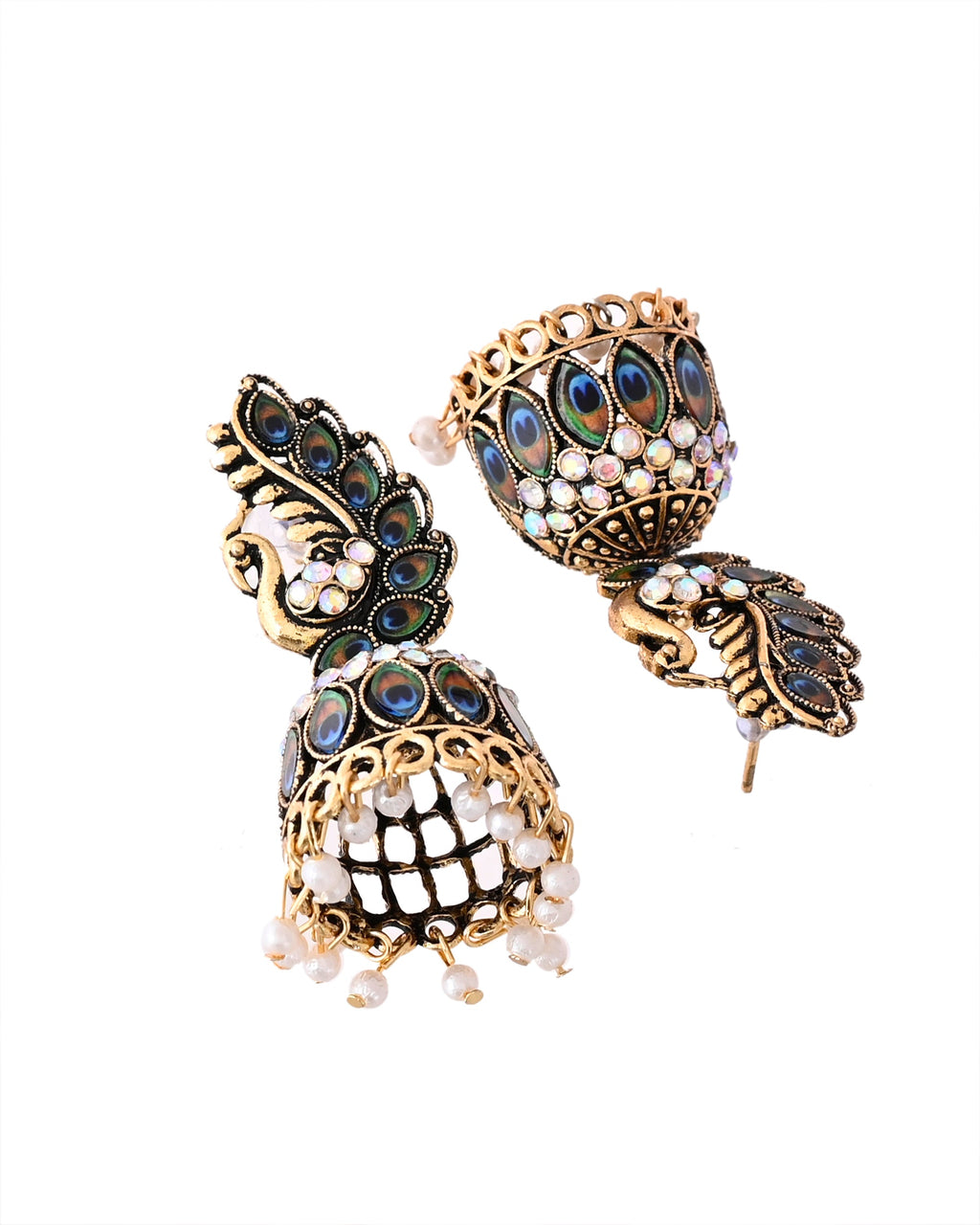 Jewels Nest Peacock-Inspired Gold-Polished Jhumka Earrings with Multicolor Stones - Distacart