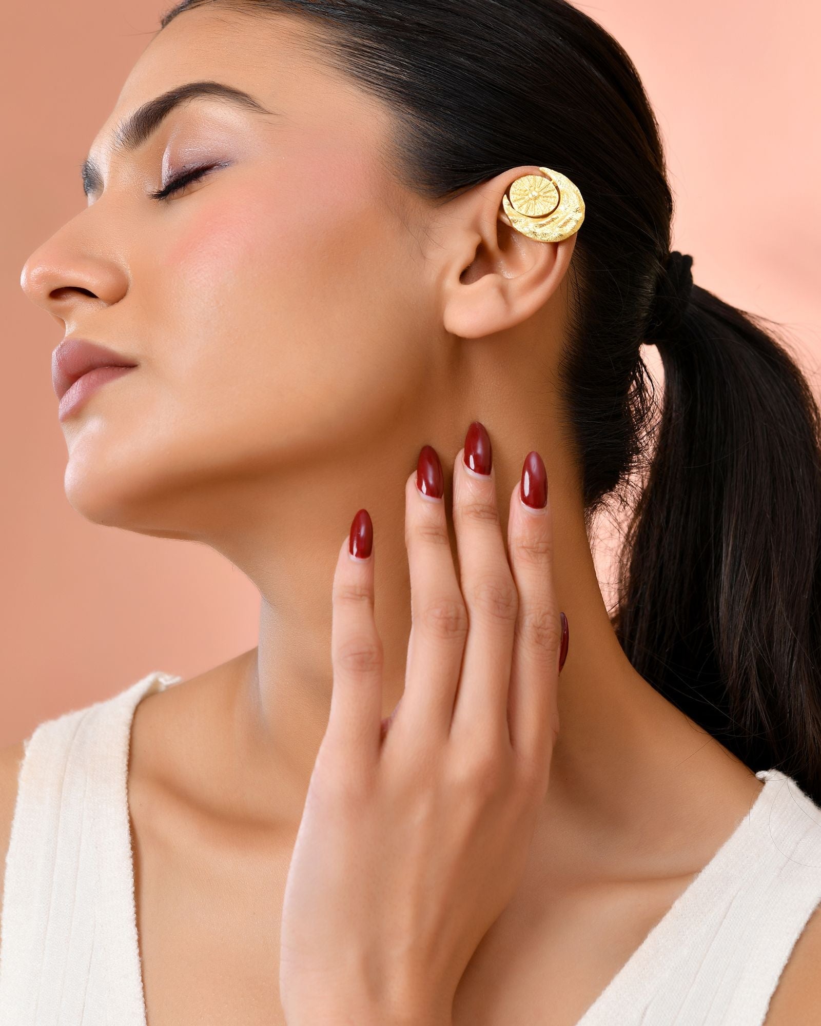 Jewels Nest Gold-Tone Textured Spiral Ear Cuff For Women | Modern Statement Jewellery