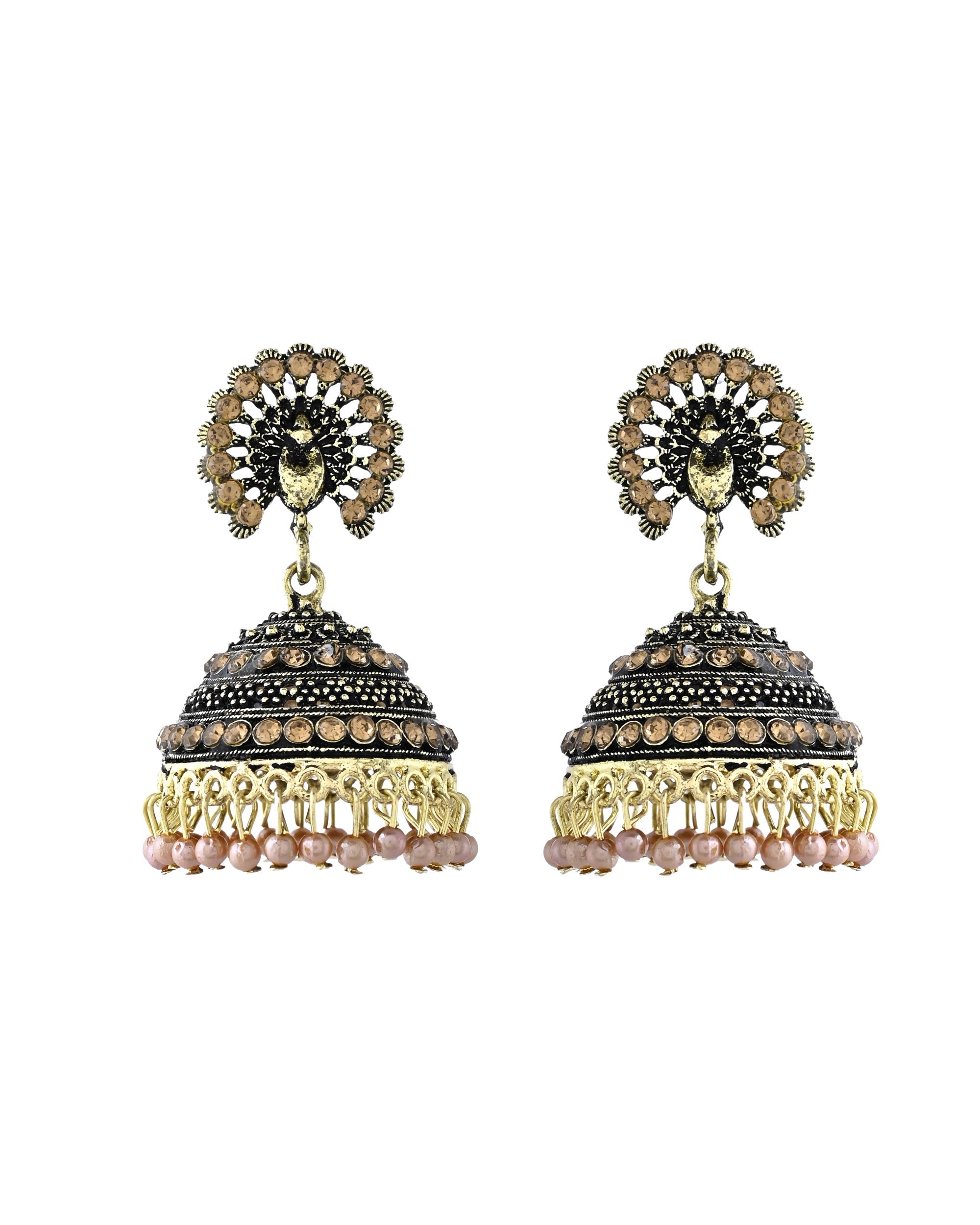 Jewels Nest Antique Gold-Polished Jhumka Earrings with Floral Detailing and Stone Embellishments - Distacart